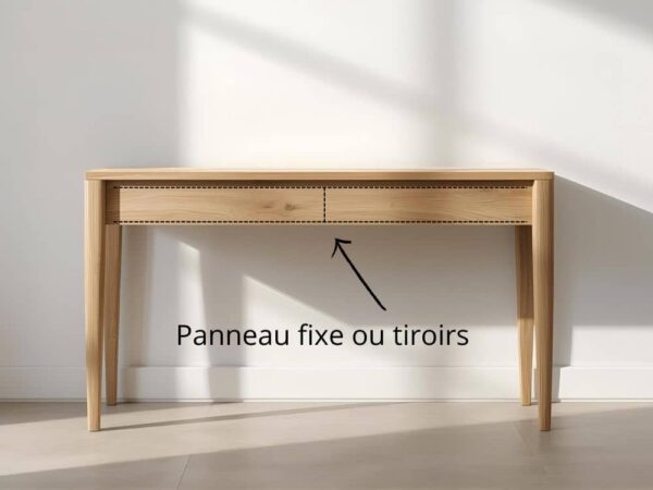Schéma explicatif pour l'ajout éventuel de tiroirs sur le panneau frontal en bois massif.
