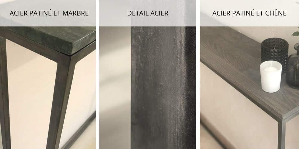 Trois visuels montrent des vues rapprochées de consoles avec piétements en métal brut patiné avec notre patine à base de graphite. Trois visuels montrent des vues rapprochées de consoles avec piétements en métal brut patiné avec notre patine à base de graphite.
