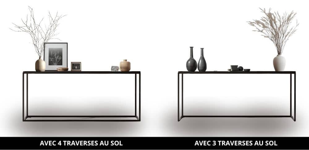 Ces 2 visuels montrent les 2 options possibles pour le choix du piétement en métal : avec 3 traverses ou 4 traverses au sol.